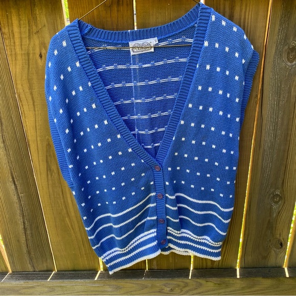 Vintage The Villager blue white knit cardigan sweater vest stripe M as is - Picture 1 of 16